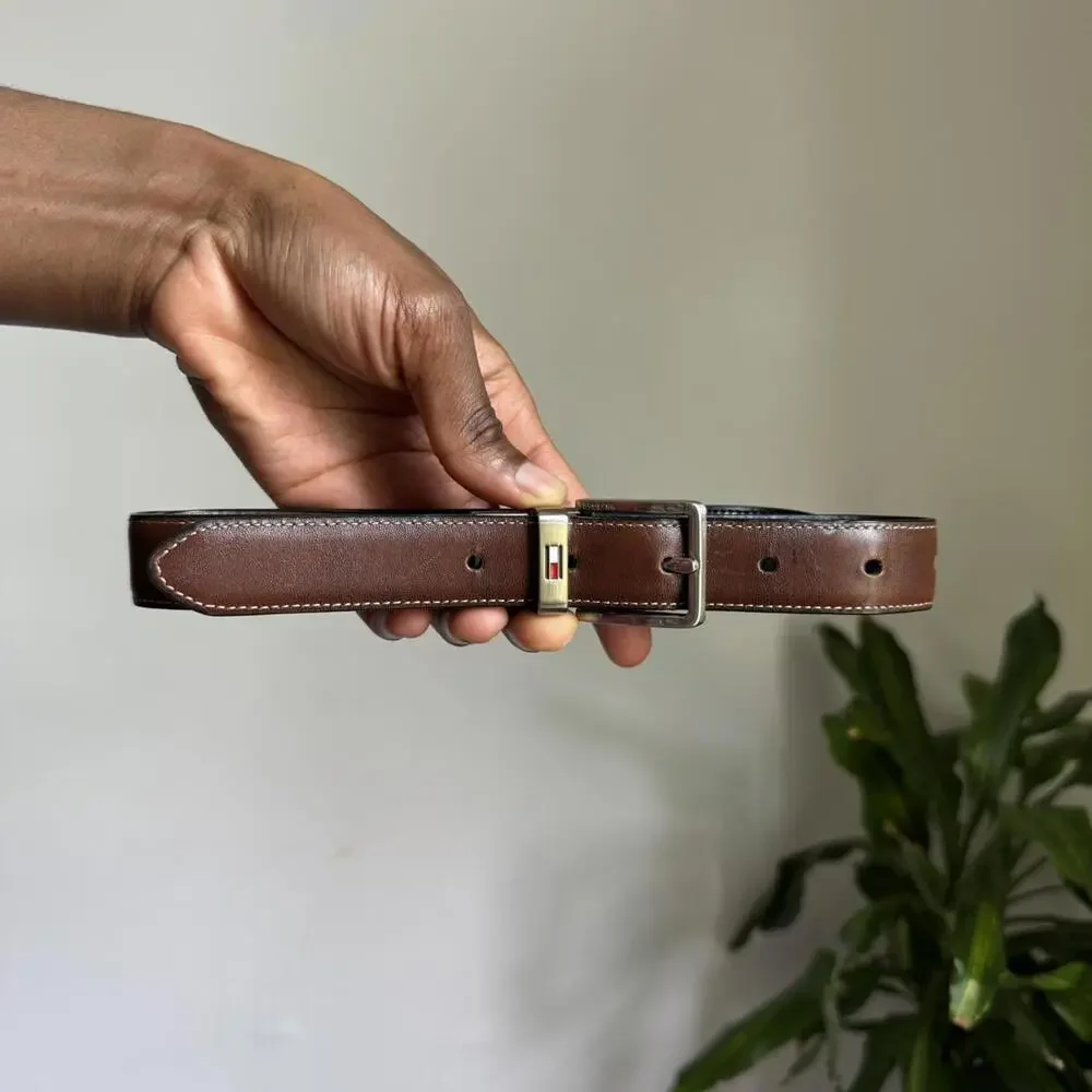 Vintage‎ Hdouble sides brown/black reversible silver buckle leather belt size L